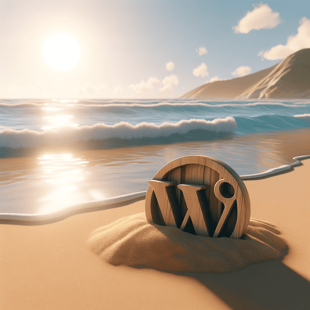 wordpress logo immersed in sand on the beach