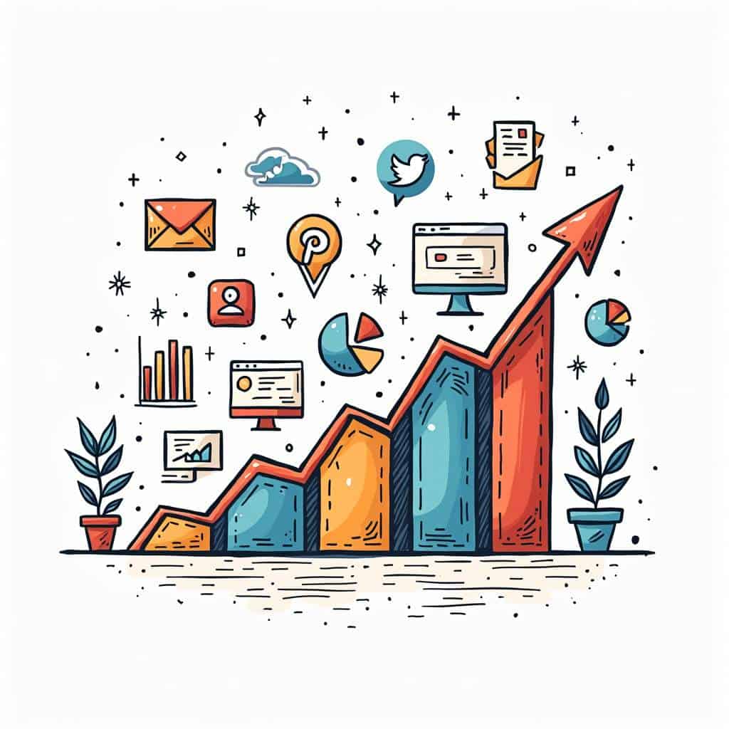 A drawing in an art style of various marketing metrics